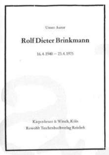 Gemeinsame Todesanzeige der Verlage Kiepenheuer & Witsch und Rowohlt für Rolf Dieter Brinkmann. Erschienen in: Börsenblatt für den deutschen Buchhandel. Frankfurter Ausgabe, Nr. 35, 2. Mai 1975.