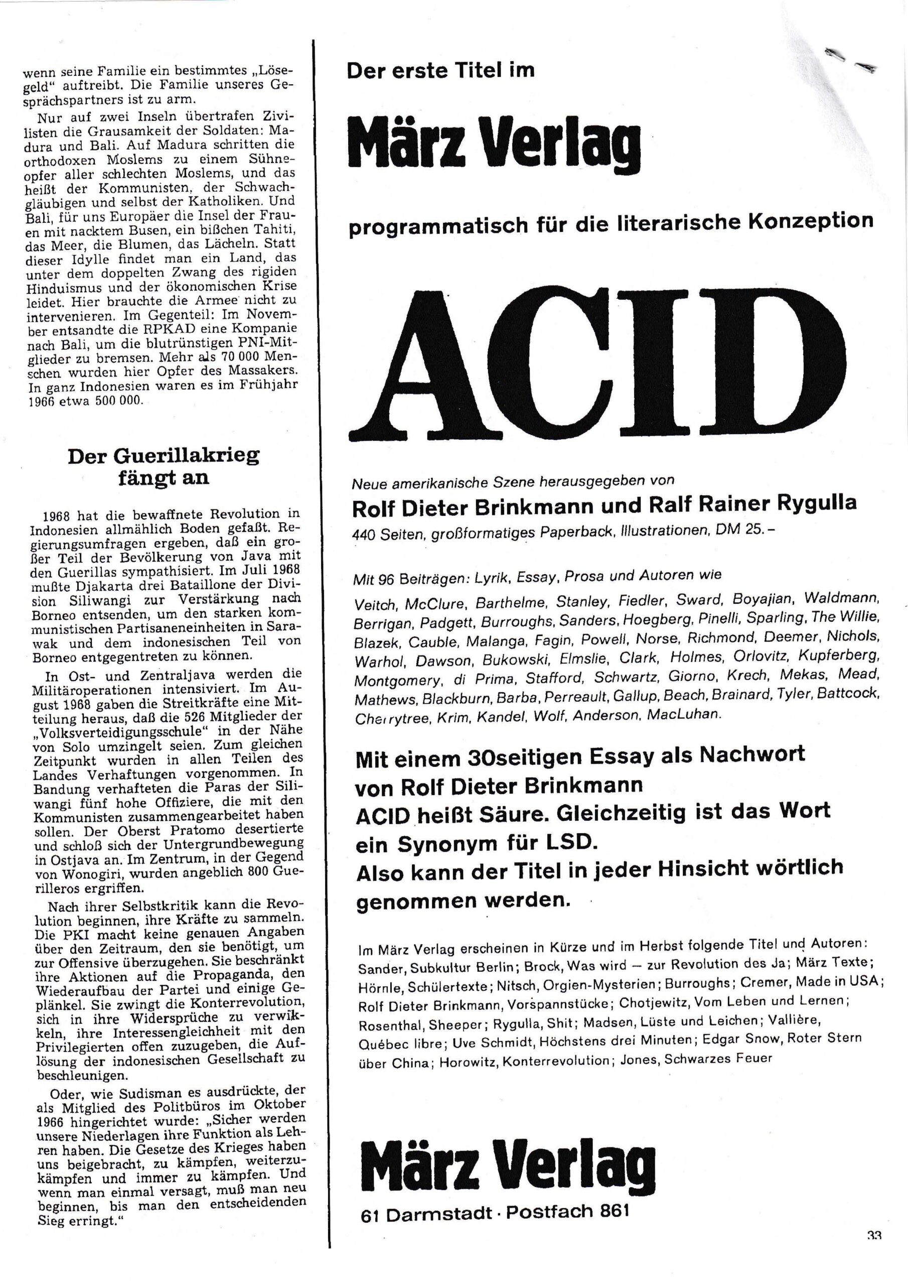 Werbeanzeige für die Anthologie "ACID. Neue amerikanische Szene" (1969 oder 1970)